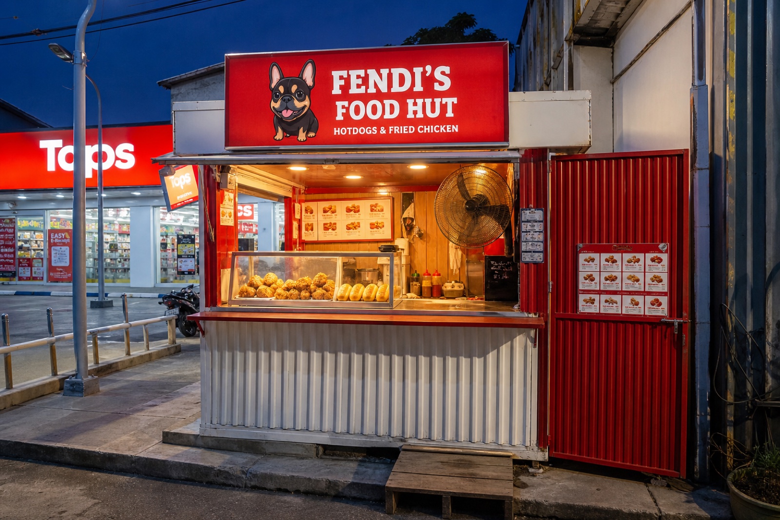 The Fendi's Food Hut booth at night in Pattaya