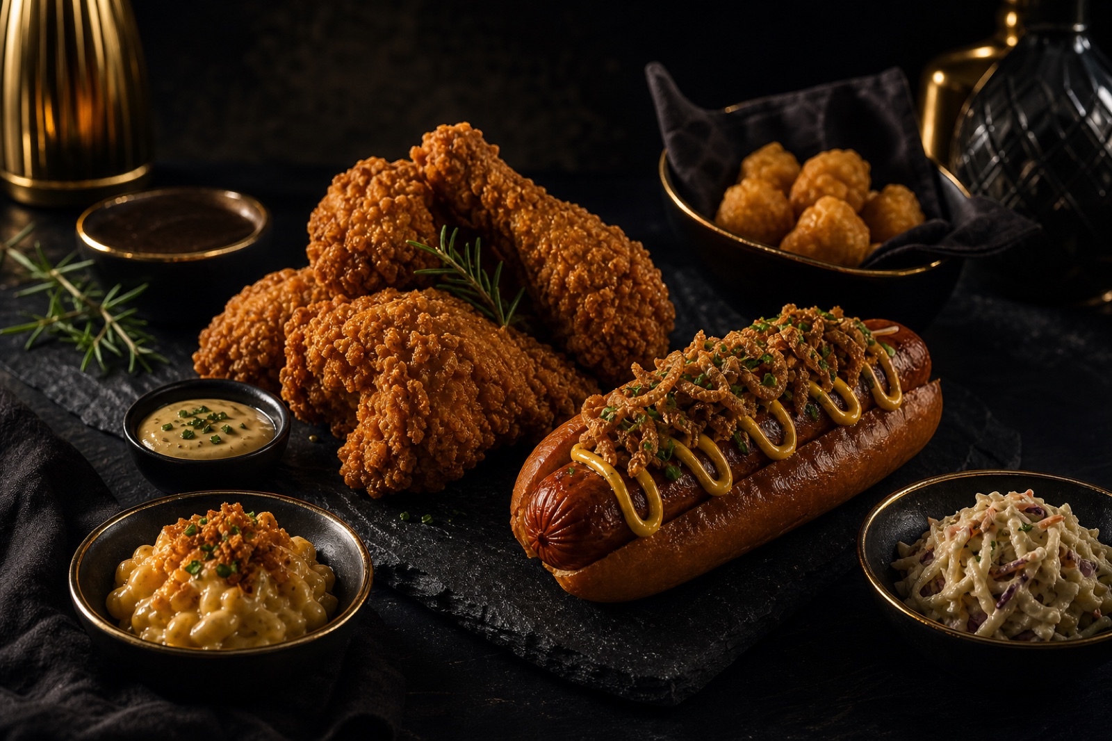 Fendi's Food Hut food spread — fried chicken, hot dog, breakfast sandwich, sauces and drinks